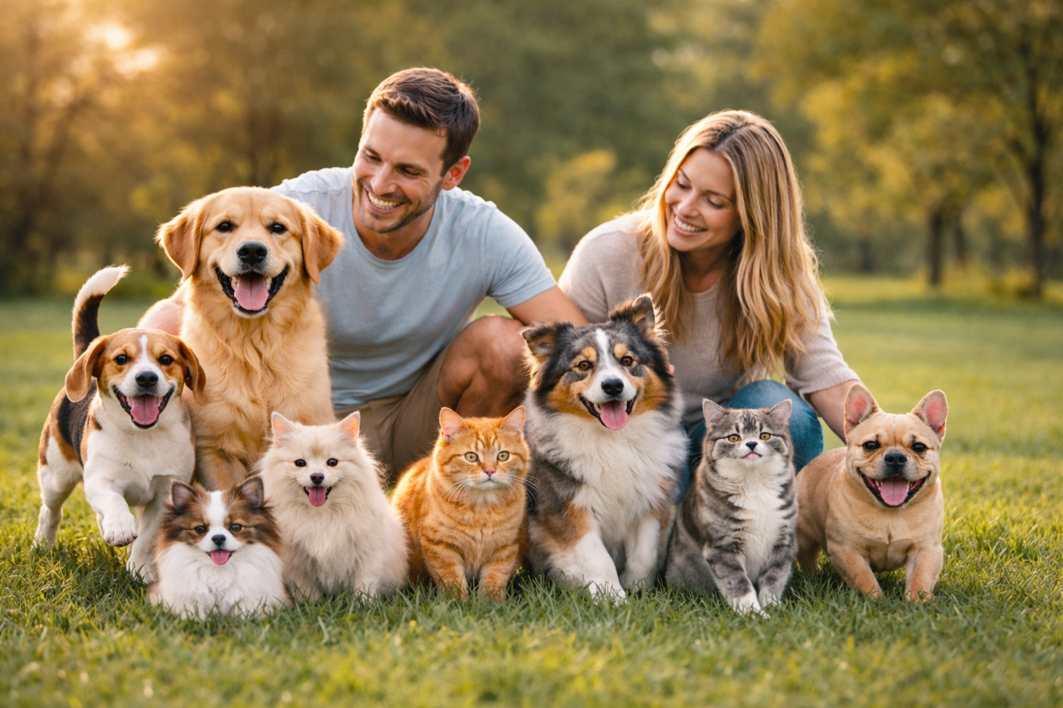 Happy pets playing together in the park